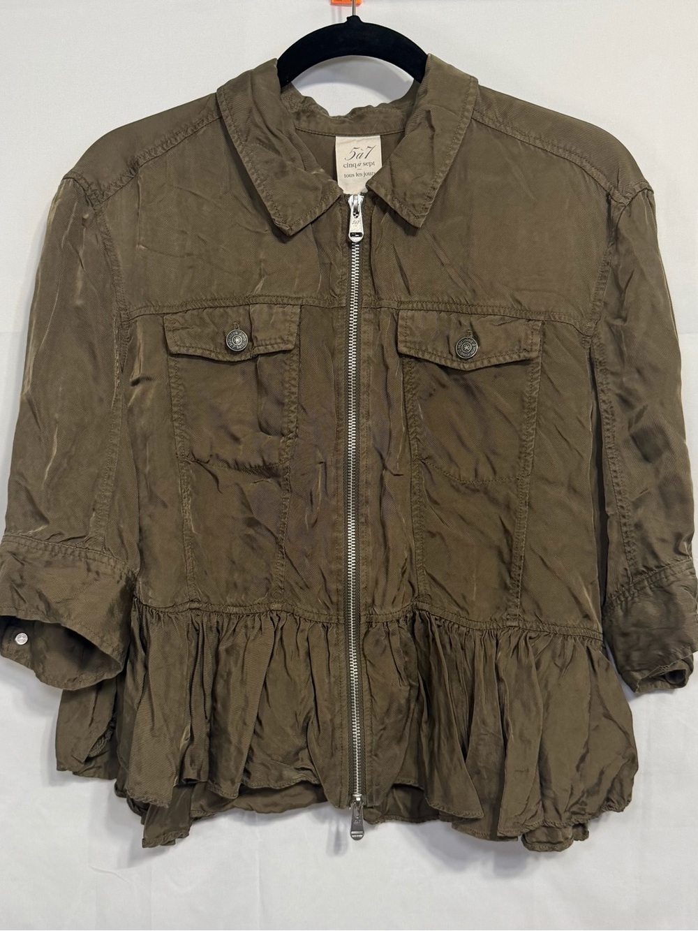Cinq a Sept Women's Medium Olive Green Cupro Zip Front Short Jacket 3/4 Sleeve - Picture 3 of 13